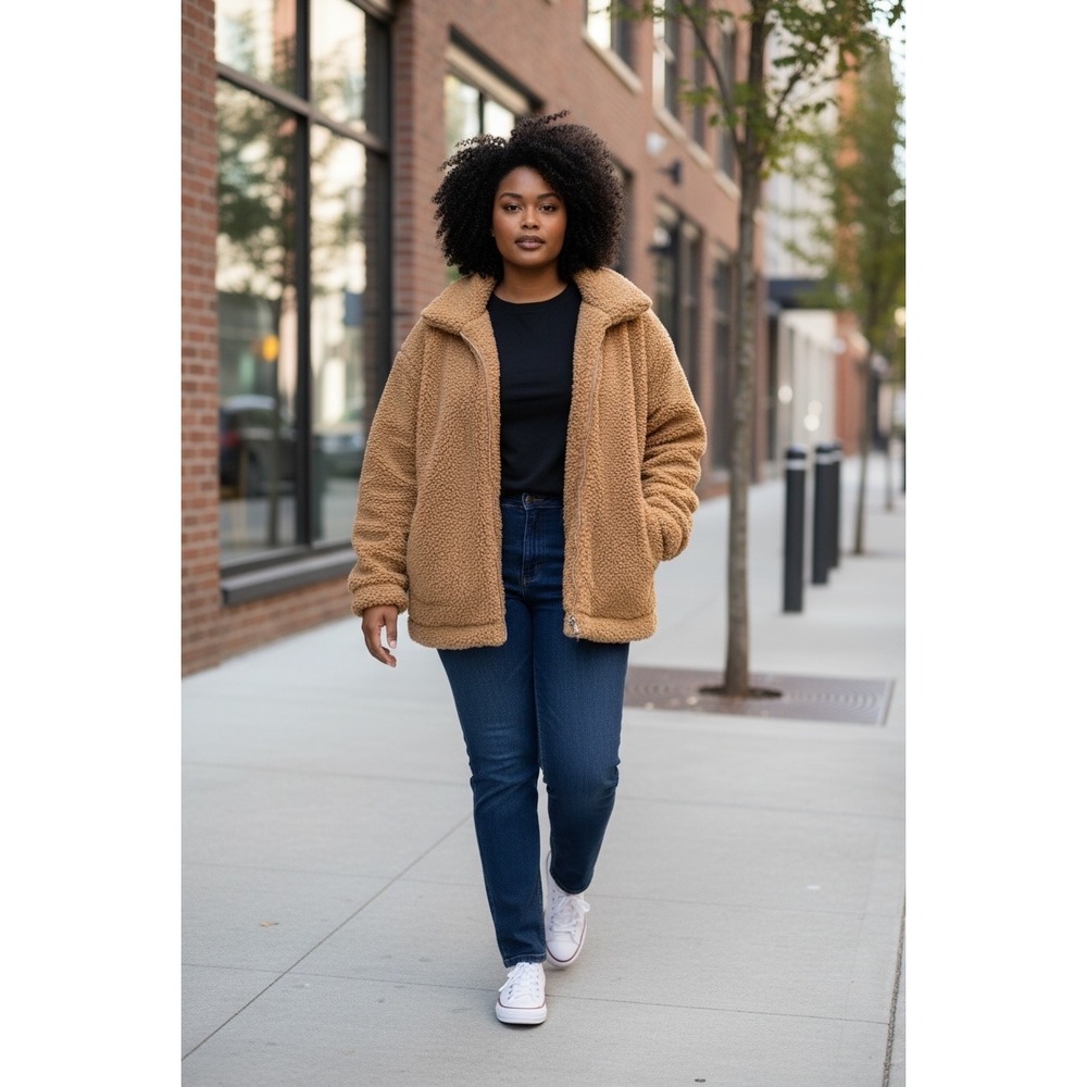 PRETTYGARDEN Camel Brown‎ Teddy Fleece Full Zip Jacket XXL Oversized Sherpa Coat